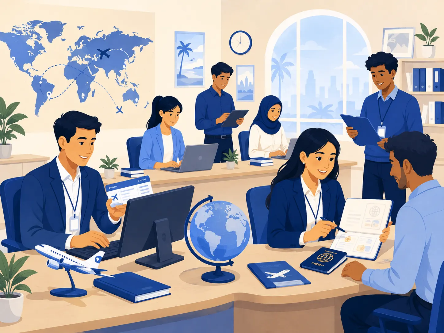 Busy travel agency office where Yatramate Academy students learn by working with live customer enquiries