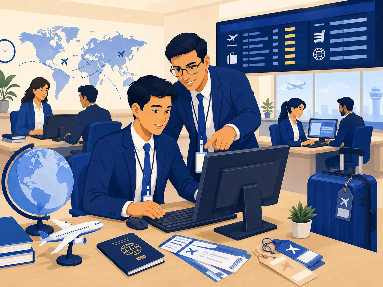 Trainee learning ticketing at a terminal while a mentor points at the screen