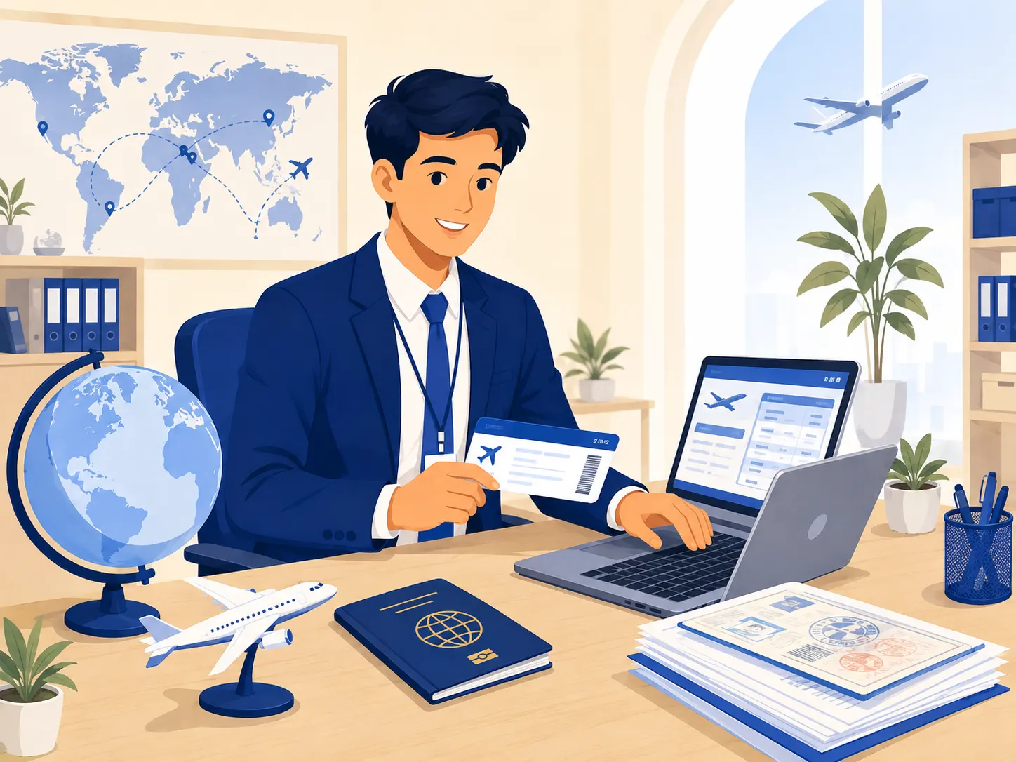 Trainee issuing an air ticket while handling a boarding pass and travel documents