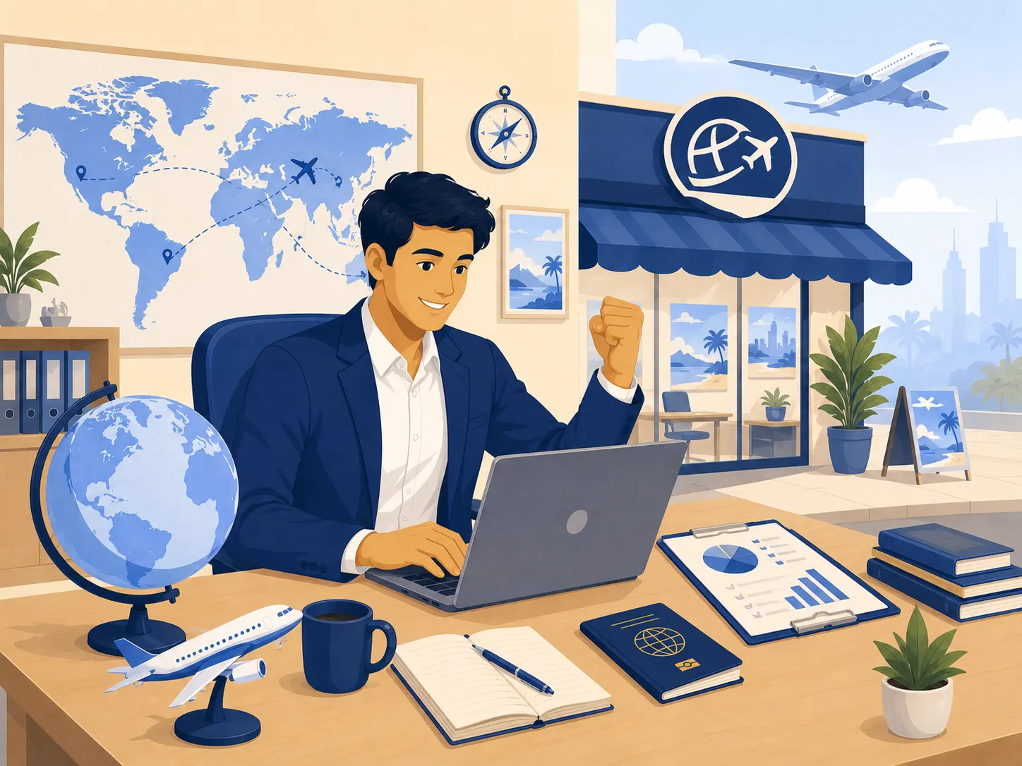 Entrepreneur planning a travel business with financial charts and a storefront in the background