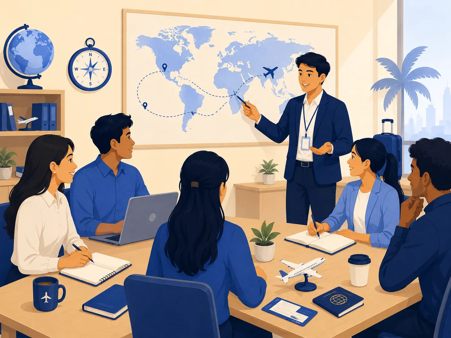 Mentor presenting the travel industry to a small group during a career discovery class