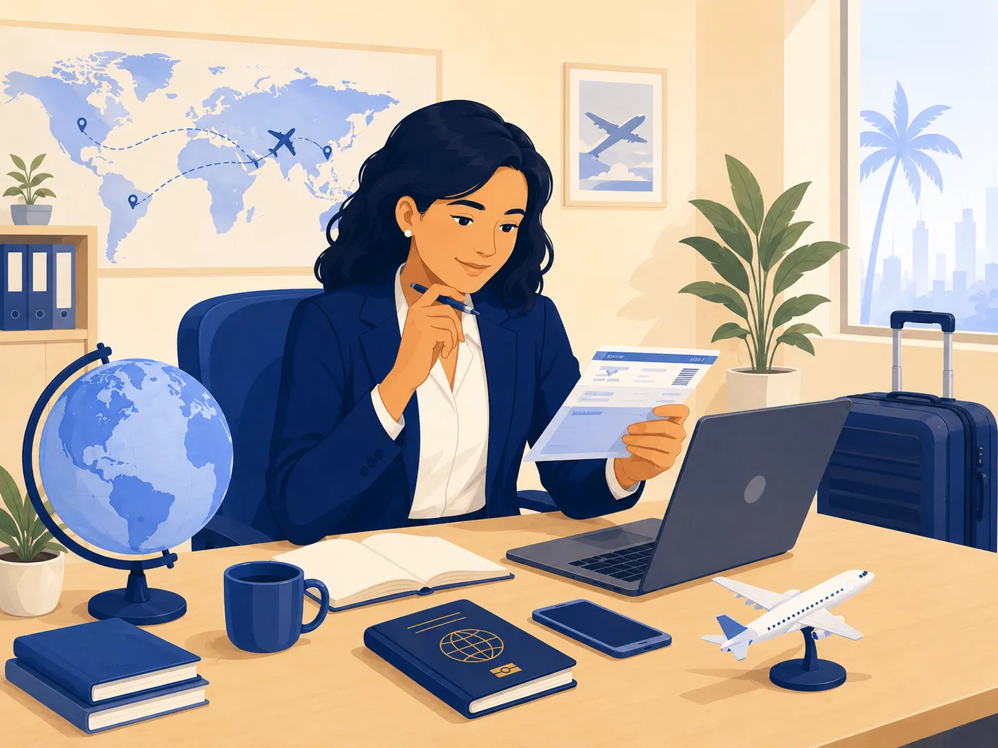 Professional reviewing a flight itinerary at a desk, returning to the travel industry