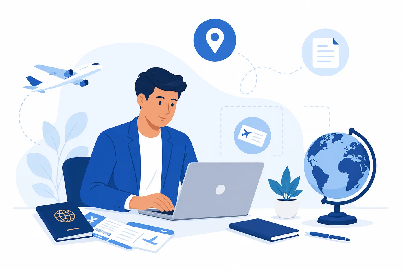 Travel professional working at a desk with tickets, passport, and globe