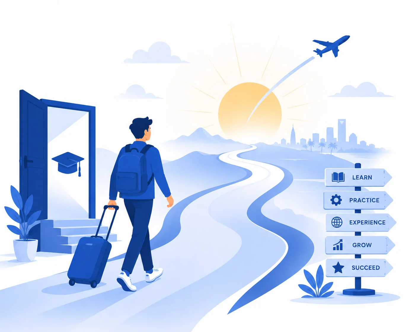 Graduate starting a travel career journey toward the horizon