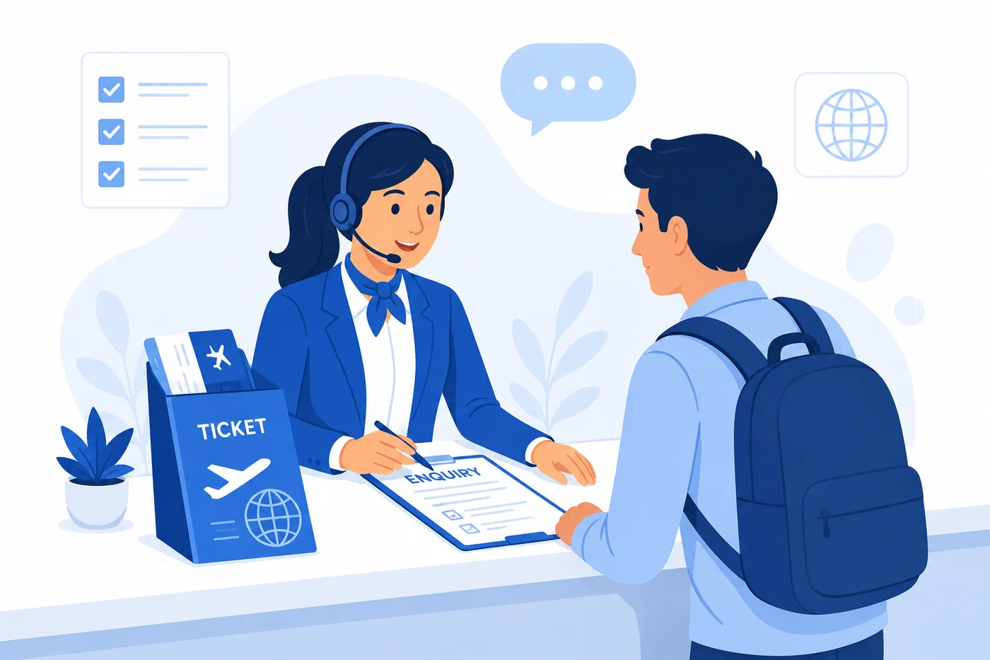 Trainee assisting a traveler with a live enquiry at the counter