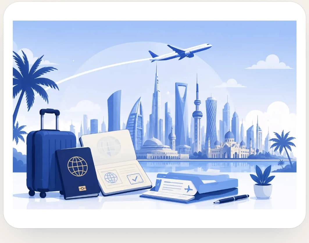 Gulf skyline with passport, visa documents, and travel case illustration