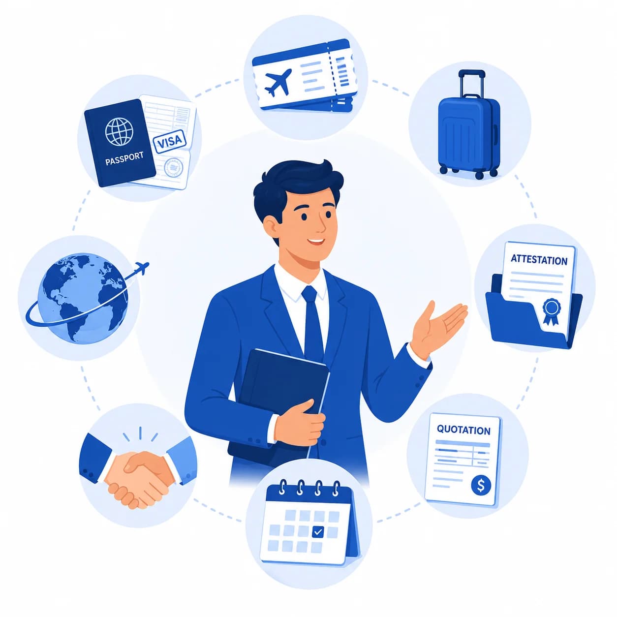 Travel professional surrounded by ticketing, visa, tour, and booking skills