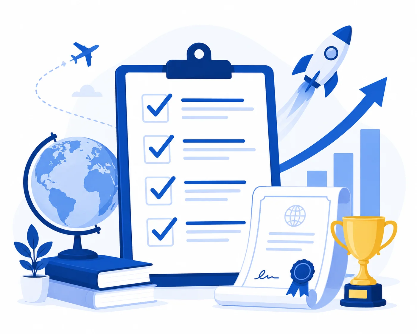 Checklist, certificate, and success symbols for academy benefits