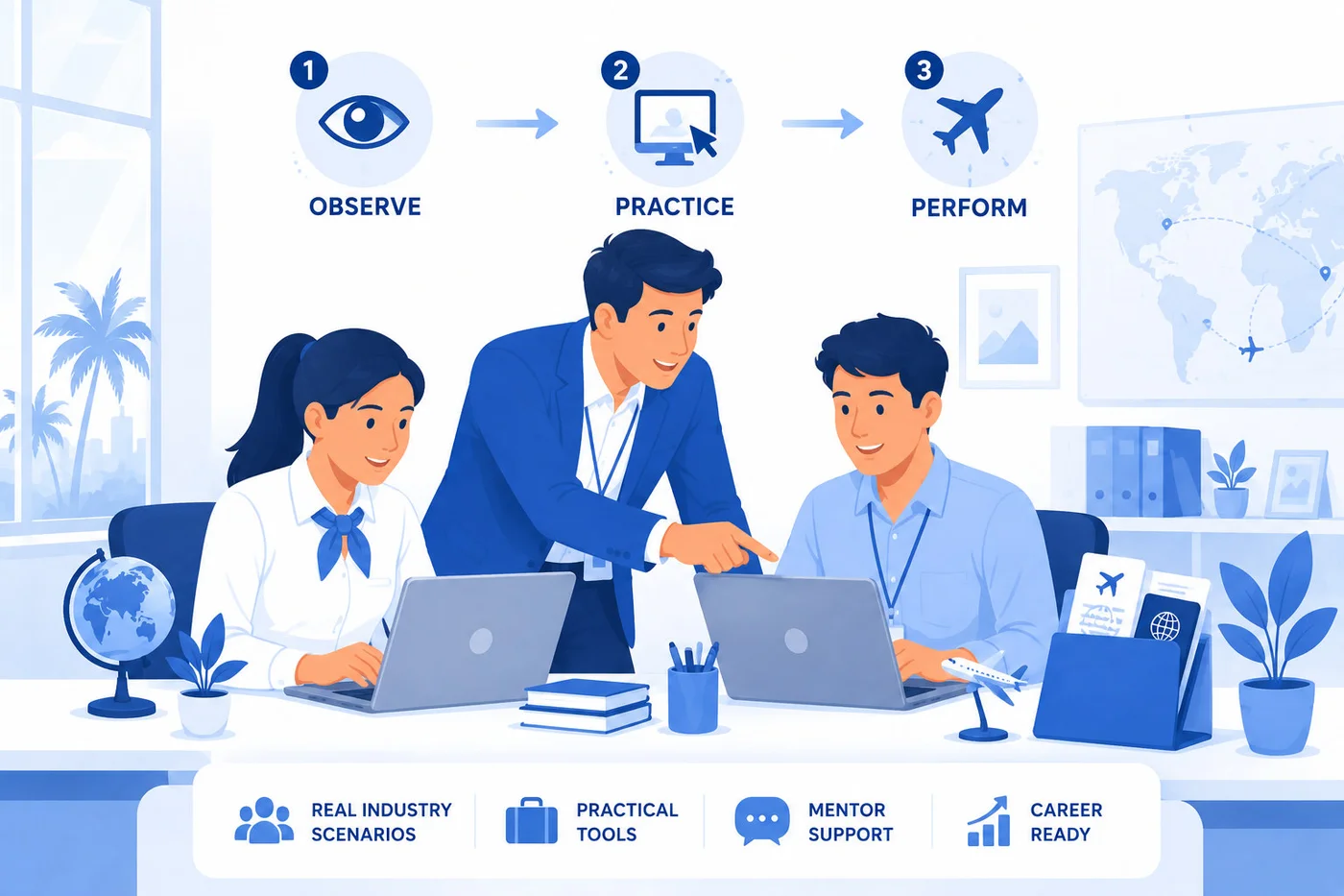 Mentor guiding students through observe, practice, and perform